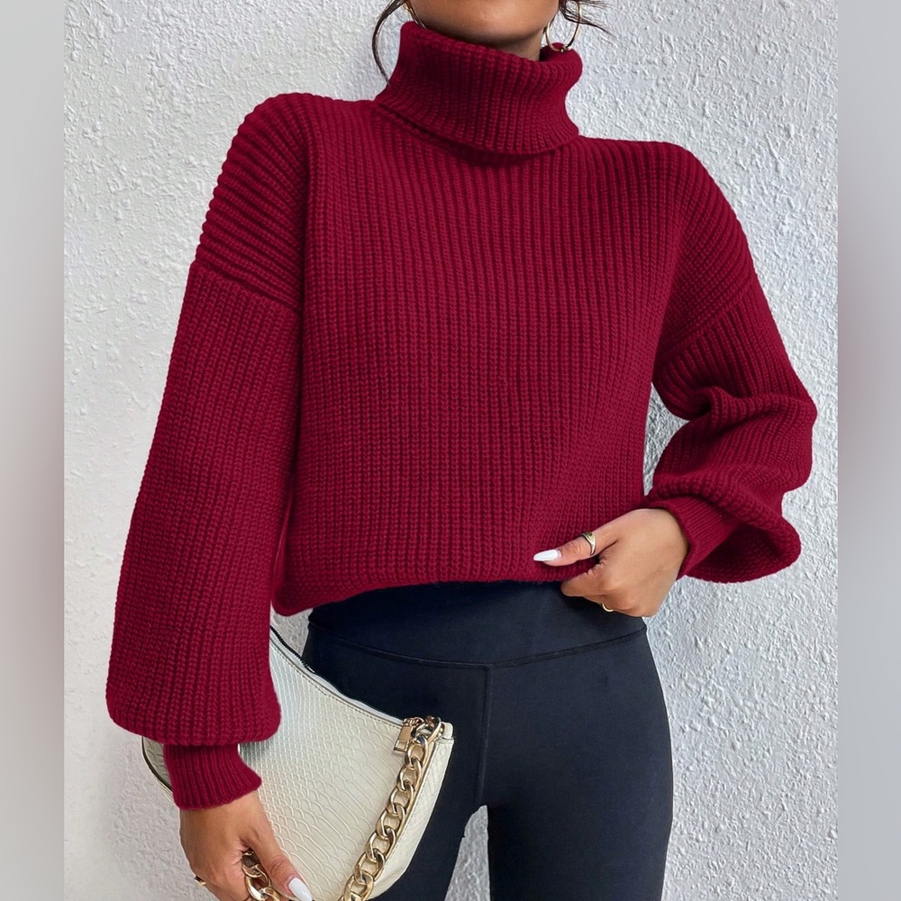Turtle neck pull over rib knit long sleeve sweater blue - Picture 8 of 15